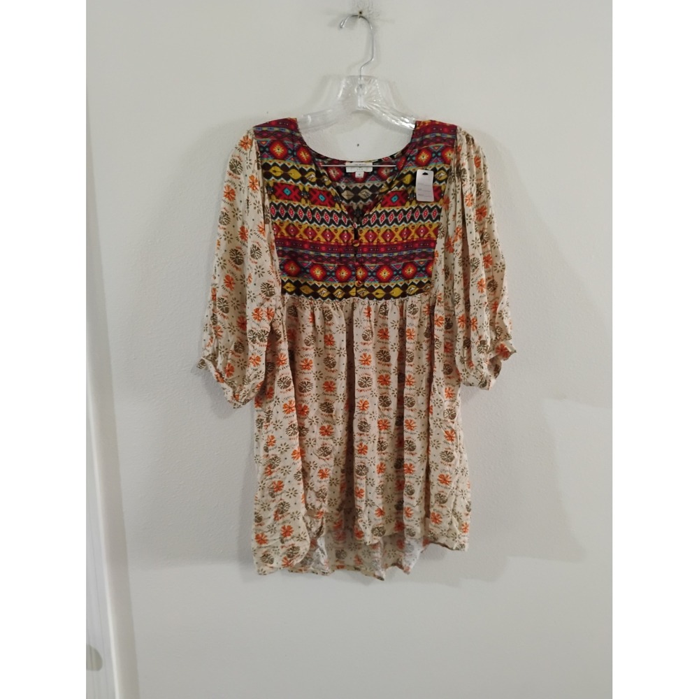 Umgee USA Boho Mixed Print Tunic Top Womens Medium Floral Tribal Balloon Sleeve